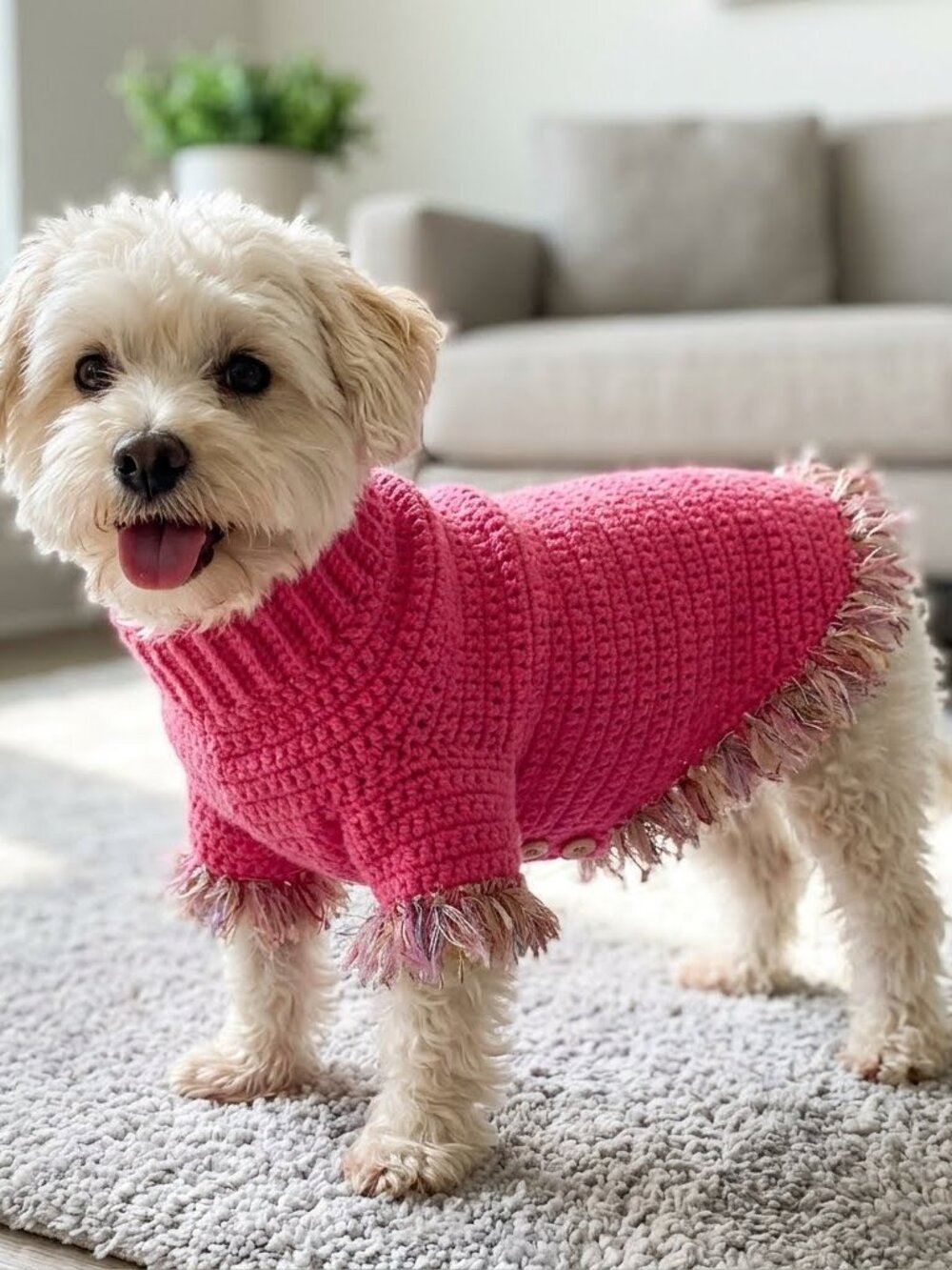 Handmade Pink Crochet Small Dog Sweater With Fringe Warm Winter